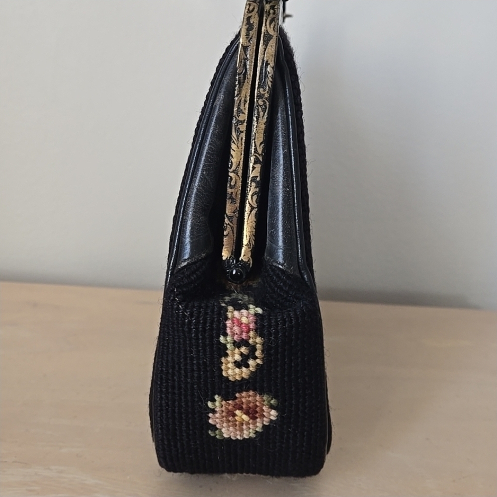 Vintage Petit Point Needlework Purse In Black - Picture 3 of 9